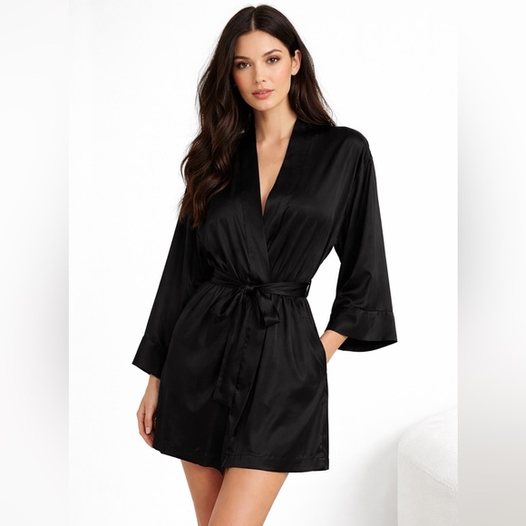 Victoria's Secret Other - Victoria’s Secret Black Satin Robe Silky Wrap Tie Waist Lounge Bridal S M L
